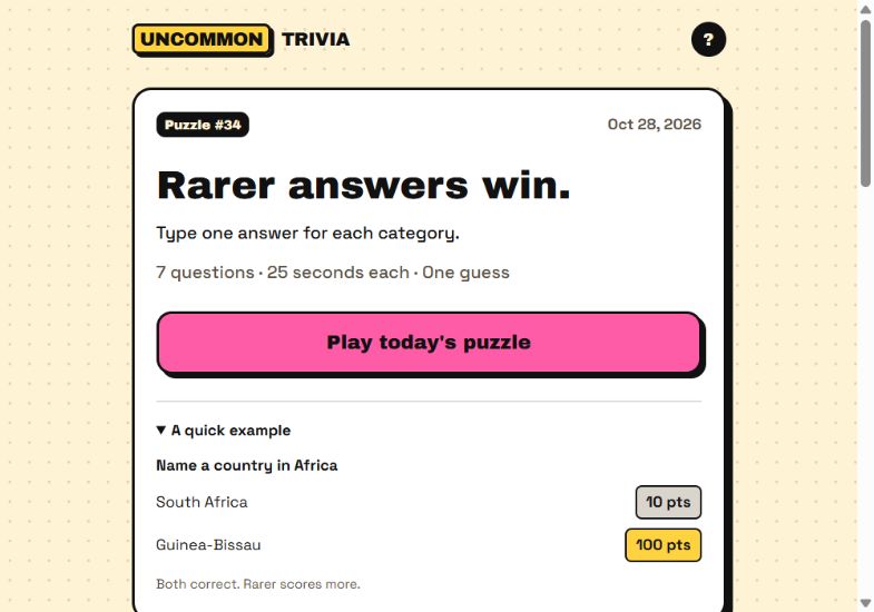 Uncommon Trivia: start screen with an official scoring example
