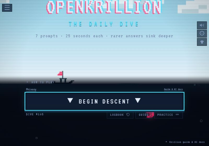 OpenKrillion: pixel ocean and daily dive start screen