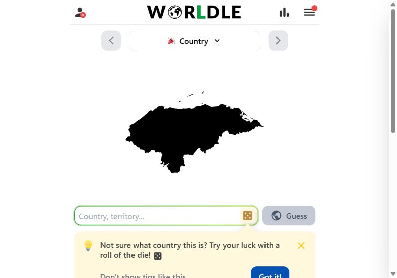Worldle: country silhouette guessing board