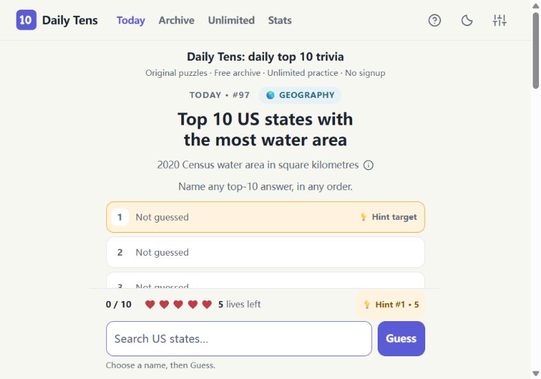 Daily Tens: daily top-ten trivia board