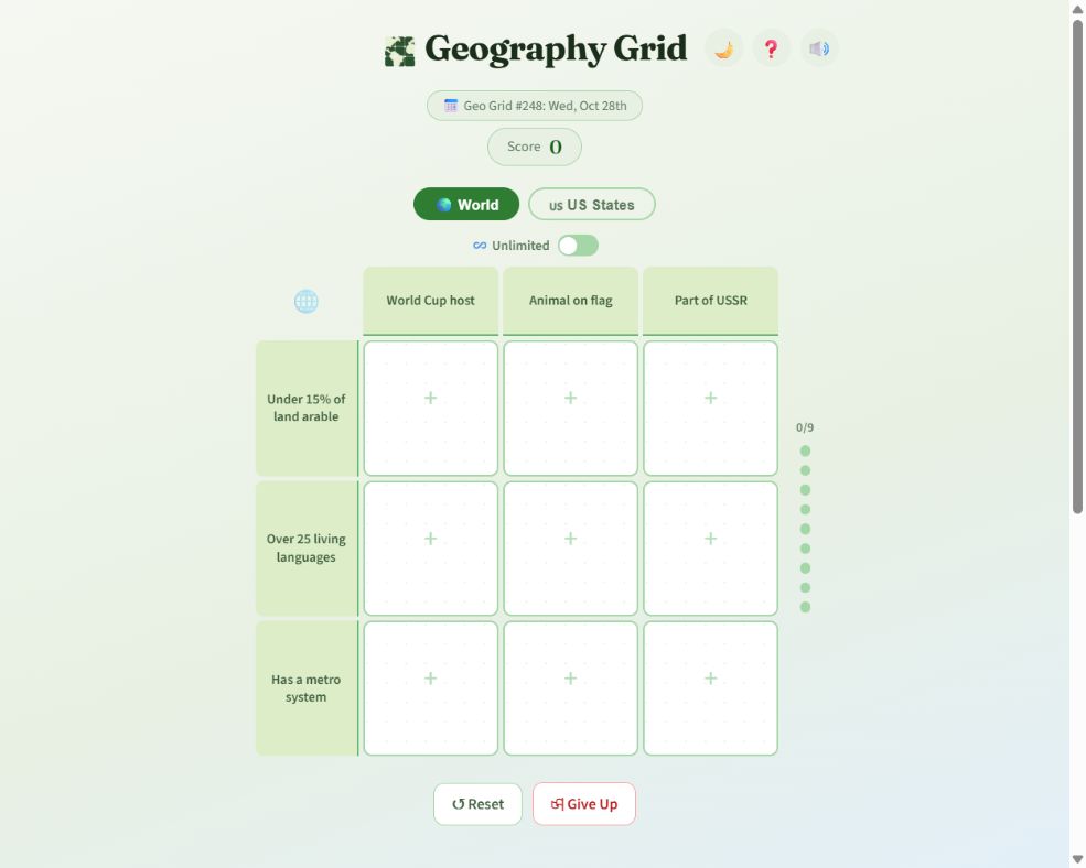 Geography Grid: complete country-category grid